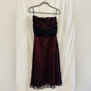 Vintage Y2K 90's Strapless Burgundy & Black Cocktail Dress with Lace Overlay